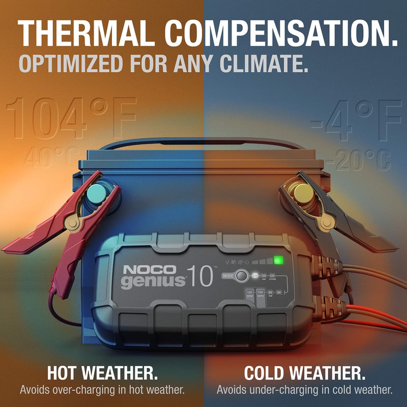 NOCO GENIUS10: شاحن بطارية ذكي 10A 6V/12V - جهاز صيانة تلقائي، شاحن تريكل ومزيل الكبريت مع حماية من الشحن الزائد وتعويض درجة الحرارة - للبطاريات الرصاصية والليثيوم - Image 4